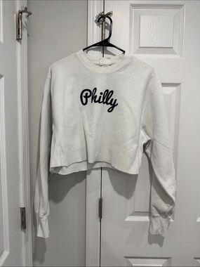 Champion White Cropped Sweatshirt with Navy 'Philly' Script